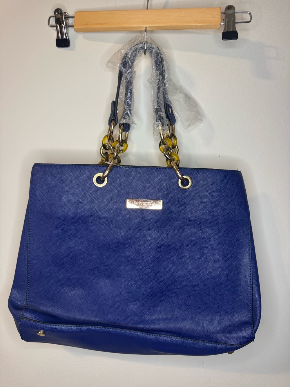 Kate Spade New York Blue Saffiano Leather Large Tote Shoulder Bag Gold Hardware